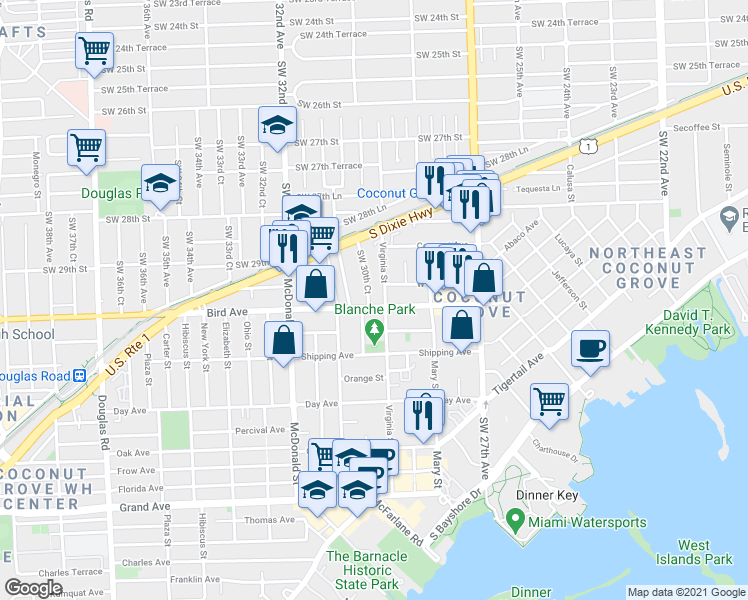 map of restaurants, bars, coffee shops, grocery stores, and more near 2990 Southwest 30th Court in Miami