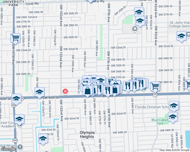 map of restaurants, bars, coffee shops, grocery stores, and more near 9791 Southwest 37th Terrace in Miami