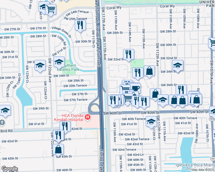 map of restaurants, bars, coffee shops, grocery stores, and more near 360 Southwest 116th Place in Miami