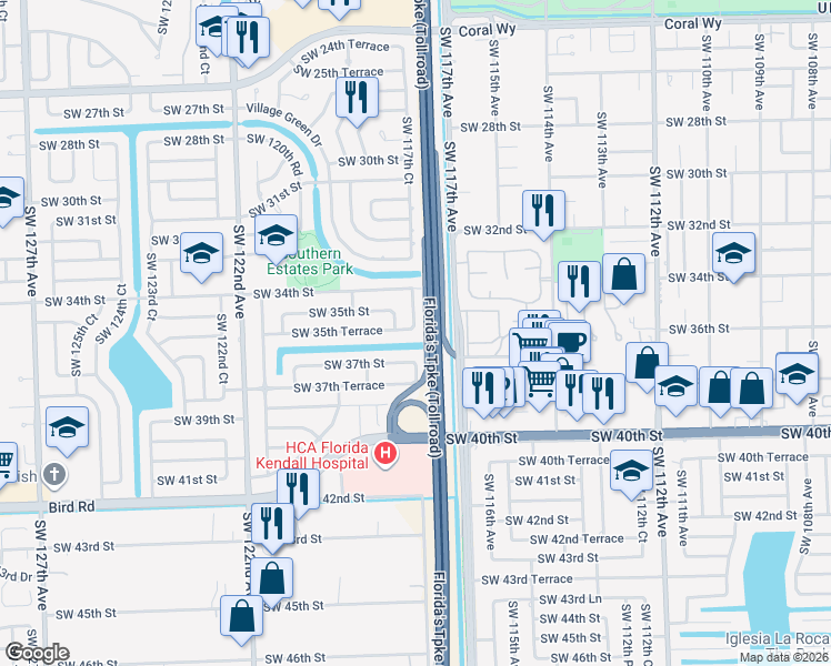 map of restaurants, bars, coffee shops, grocery stores, and more near 11760 Southwest 35th Terrace in Miami