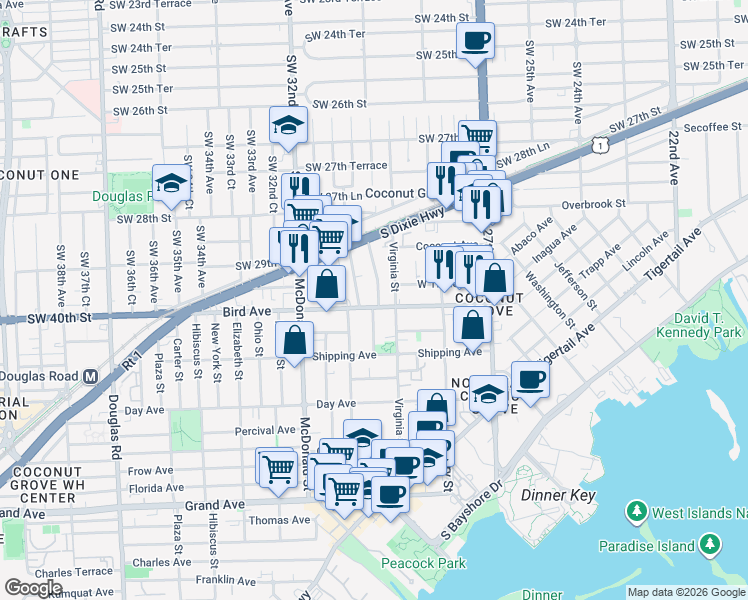 map of restaurants, bars, coffee shops, grocery stores, and more near 2990 Southwest 30th Court in Miami