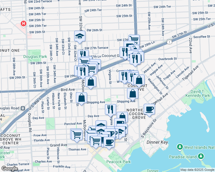map of restaurants, bars, coffee shops, grocery stores, and more near 2990 Southwest 30th Court in Miami