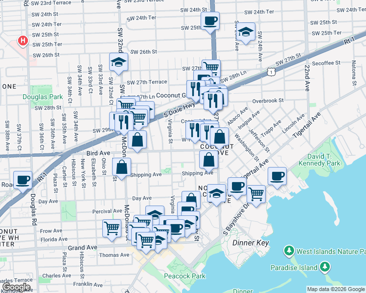 map of restaurants, bars, coffee shops, grocery stores, and more near 2969 Bird Avenue in Miami