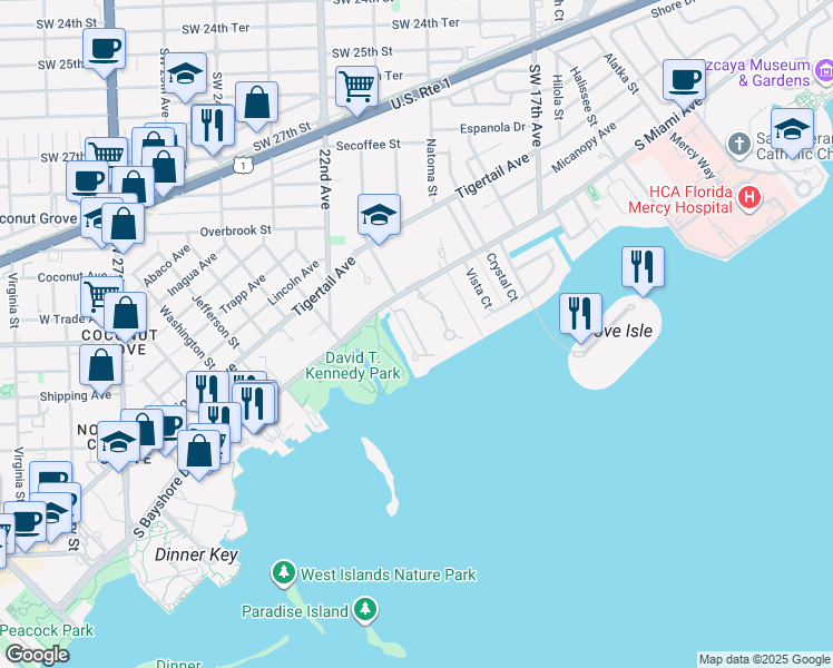 map of restaurants, bars, coffee shops, grocery stores, and more near 3519 Bayshore Villas Drive in Miami