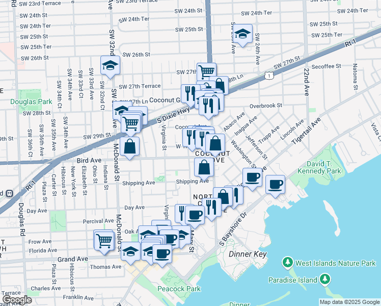 map of restaurants, bars, coffee shops, grocery stores, and more near 2859 Bird Avenue in Miami