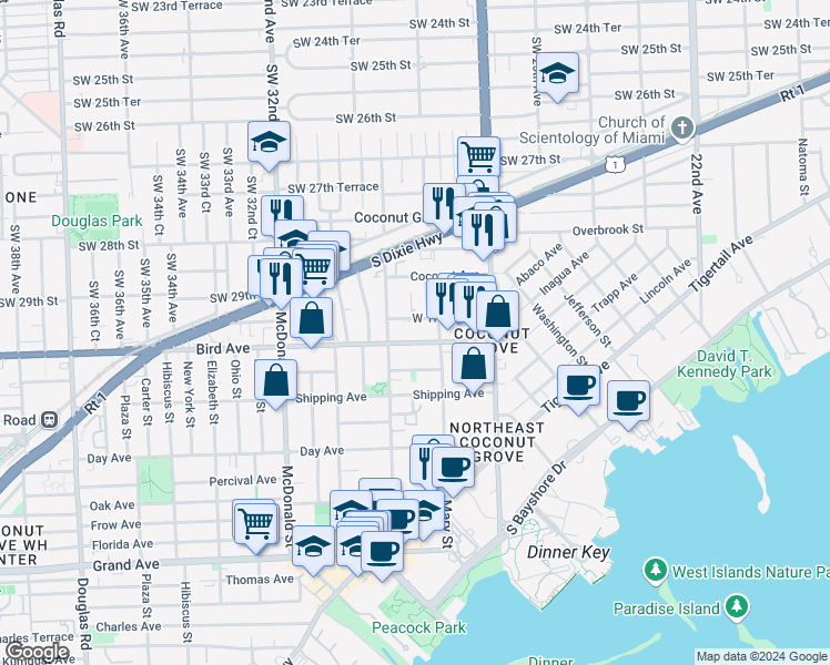map of restaurants, bars, coffee shops, grocery stores, and more near 2969 Bird Avenue in Miami