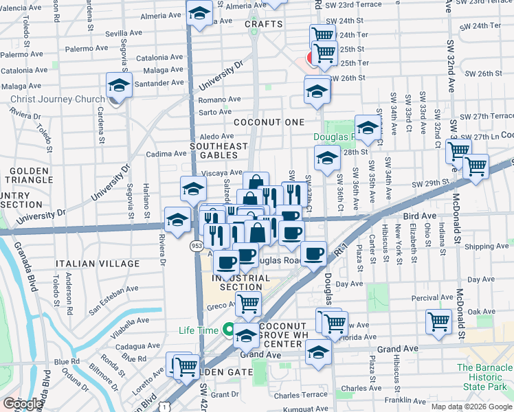 map of restaurants, bars, coffee shops, grocery stores, and more near in Coral Gables