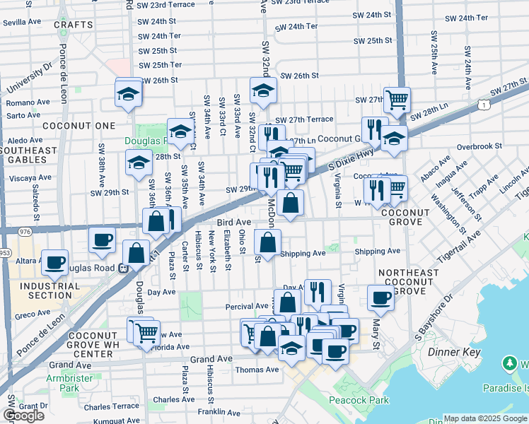 map of restaurants, bars, coffee shops, grocery stores, and more near 3247 Bird Avenue in Miami