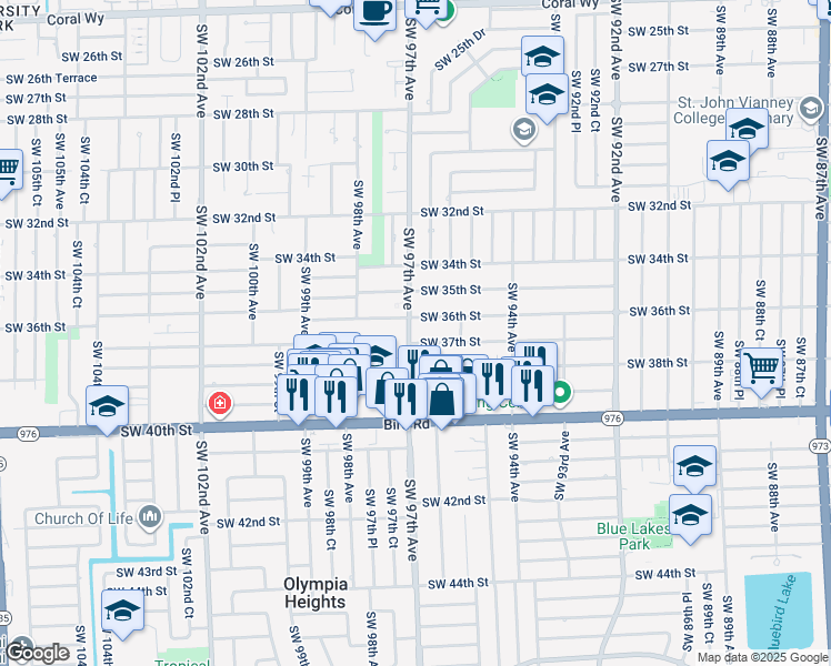 map of restaurants, bars, coffee shops, grocery stores, and more near 9701 Southwest 37th Terrace in Miami