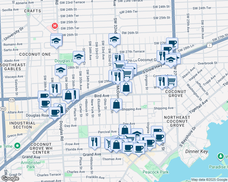 map of restaurants, bars, coffee shops, grocery stores, and more near 3247 Bird Avenue in Miami