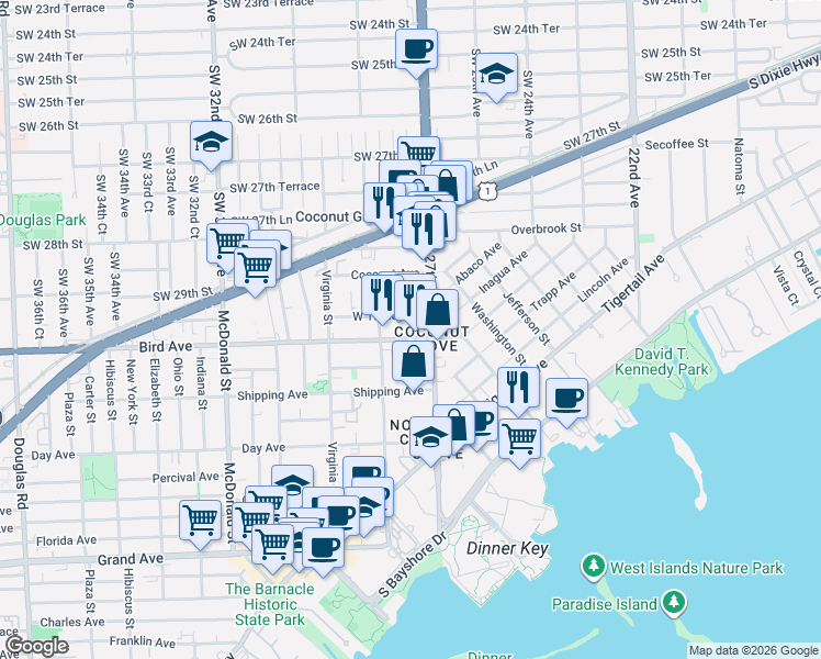 map of restaurants, bars, coffee shops, grocery stores, and more near 2779 Bird Avenue in Miami