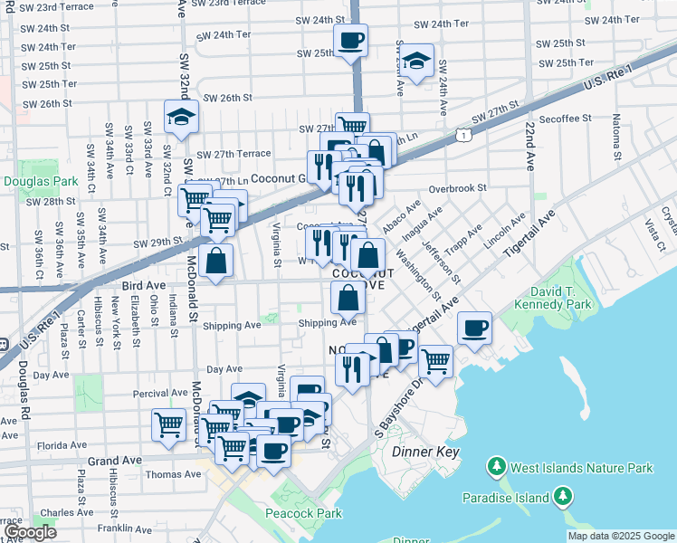 map of restaurants, bars, coffee shops, grocery stores, and more near 2859 Bird Avenue in Miami