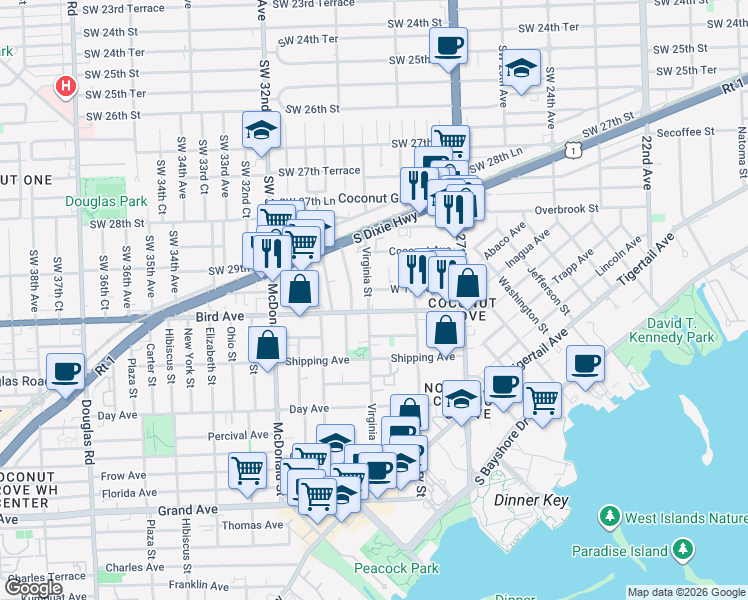 map of restaurants, bars, coffee shops, grocery stores, and more near 2969 Bird Avenue in Miami
