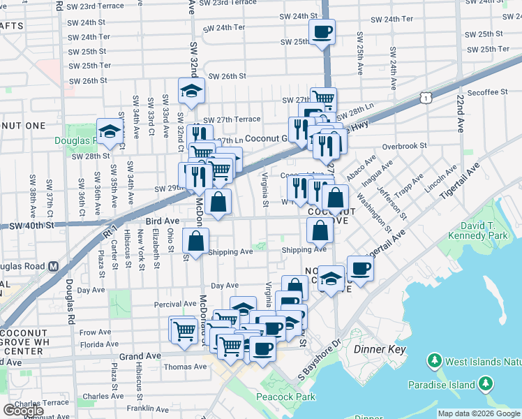map of restaurants, bars, coffee shops, grocery stores, and more near 2990 Southwest 30th Court in Miami