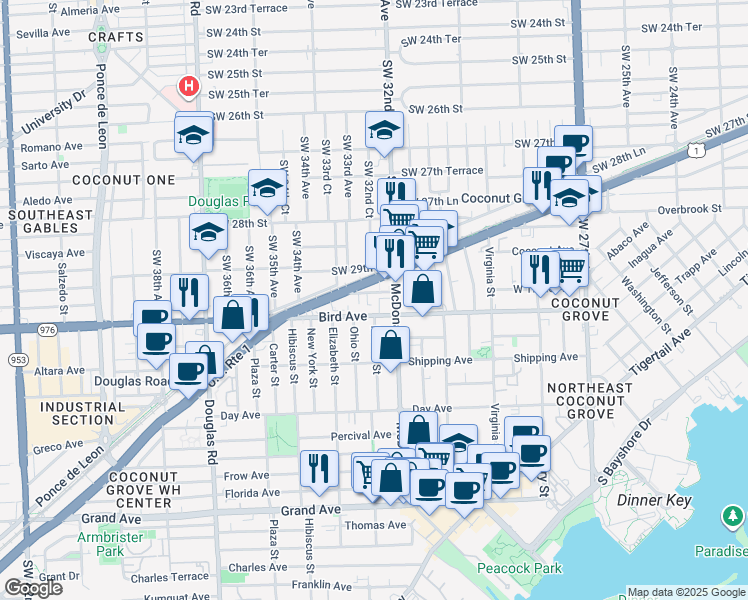 map of restaurants, bars, coffee shops, grocery stores, and more near 3247 Bird Avenue in Miami