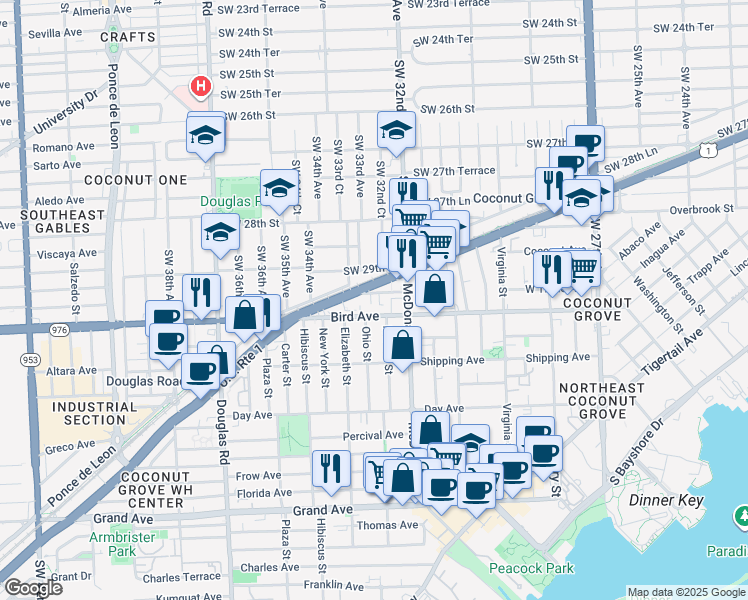 map of restaurants, bars, coffee shops, grocery stores, and more near 3247 Bird Avenue in Miami