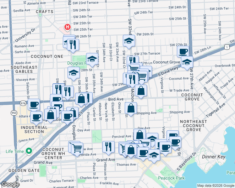 map of restaurants, bars, coffee shops, grocery stores, and more near 3375 Bird Avenue in Miami