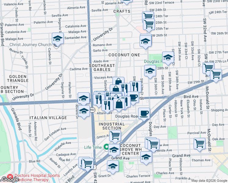 map of restaurants, bars, coffee shops, grocery stores, and more near in Coral Gables