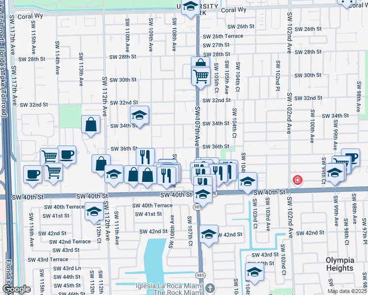 map of restaurants, bars, coffee shops, grocery stores, and more near 10732 Southwest 36th Street in Miami