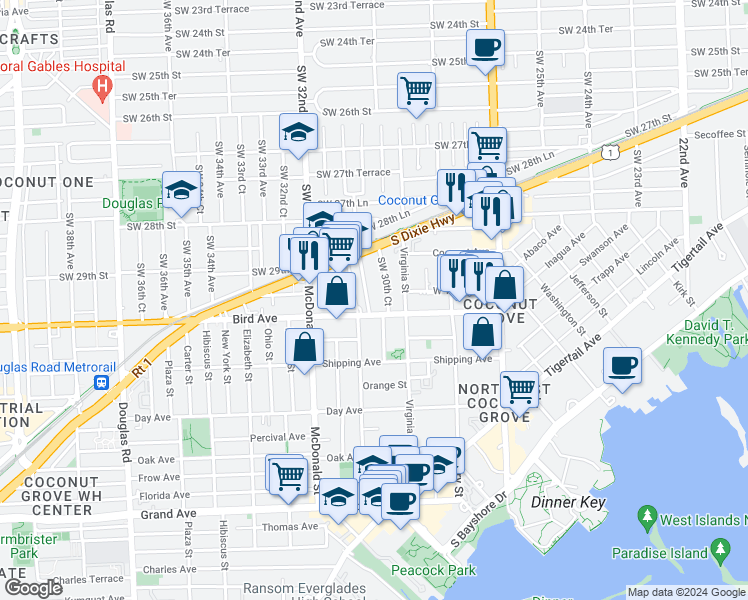 map of restaurants, bars, coffee shops, grocery stores, and more near 2985 Bridgeport Avenue in Miami