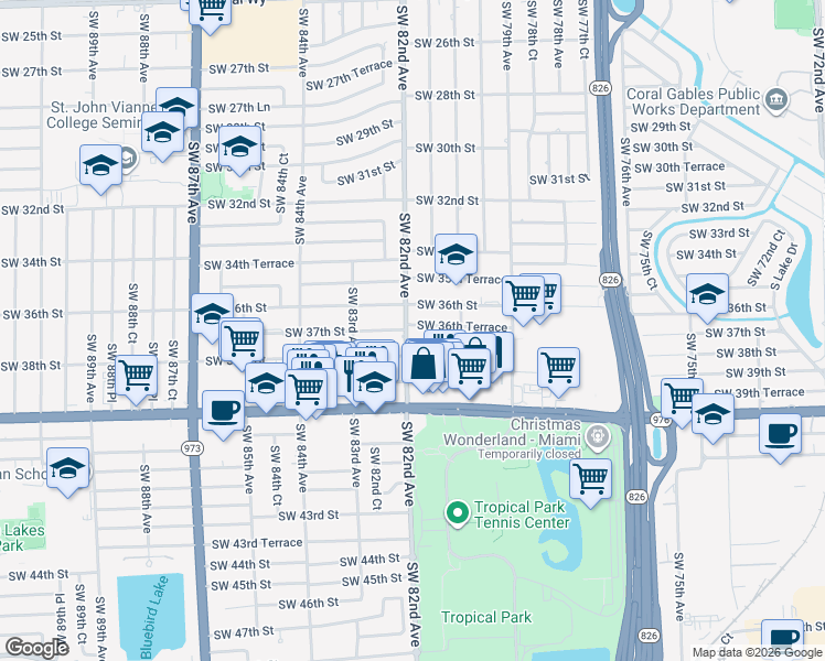 map of restaurants, bars, coffee shops, grocery stores, and more near 3724 Southwest 82nd Avenue in Miami