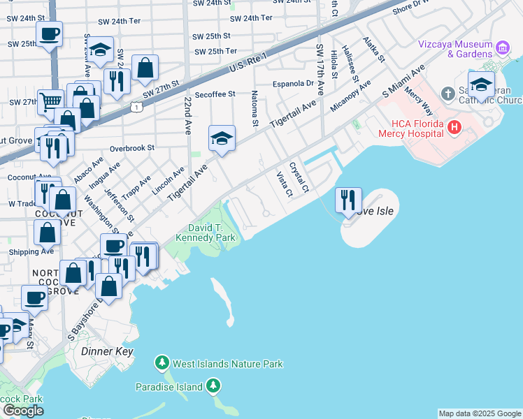 map of restaurants, bars, coffee shops, grocery stores, and more near 3519 Bayshore Villas Drive in Miami