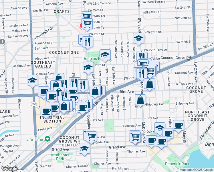 map of restaurants, bars, coffee shops, grocery stores, and more near 2990 Southwest 35th Avenue in Miami