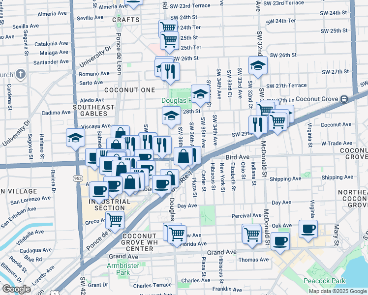 map of restaurants, bars, coffee shops, grocery stores, and more near 2977 Southwest 36th Court in Miami
