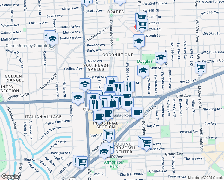 map of restaurants, bars, coffee shops, grocery stores, and more near in Coral Gables