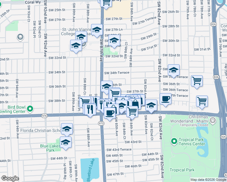 map of restaurants, bars, coffee shops, grocery stores, and more near 3712 Southwest 85th Avenue in Miami