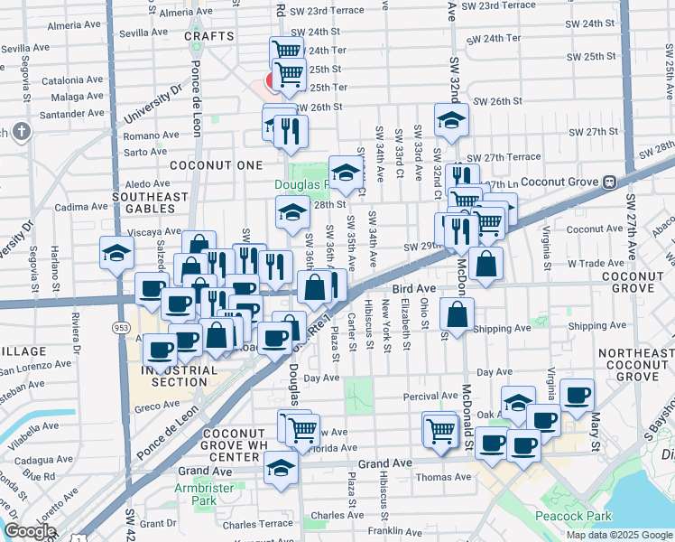 map of restaurants, bars, coffee shops, grocery stores, and more near 2990 Southwest 35th Avenue in Miami