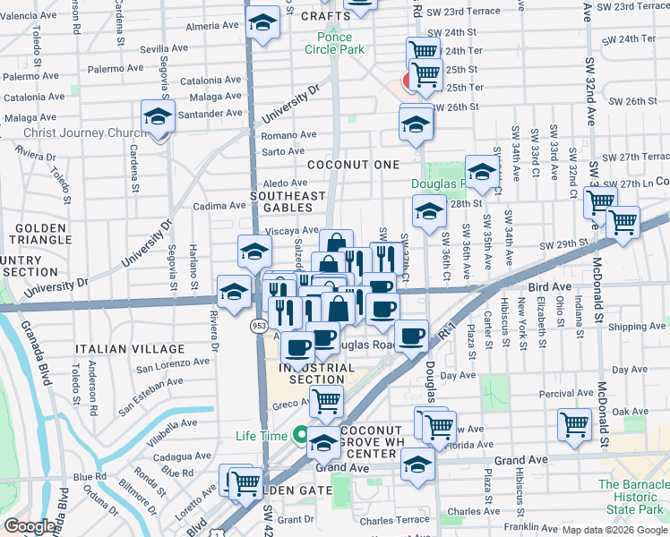 map of restaurants, bars, coffee shops, grocery stores, and more near in Coral Gables
