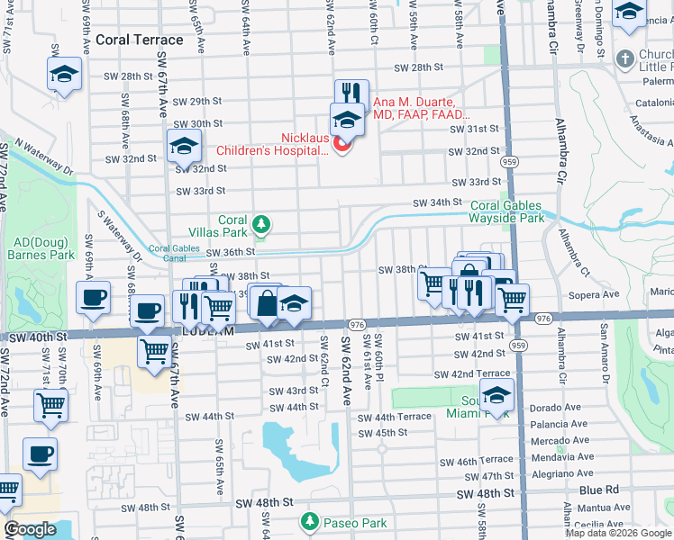 map of restaurants, bars, coffee shops, grocery stores, and more near 3728 Southwest 62nd Avenue in Miami