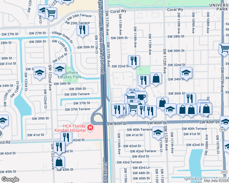 map of restaurants, bars, coffee shops, grocery stores, and more near 360 Southwest 116th Place in Miami