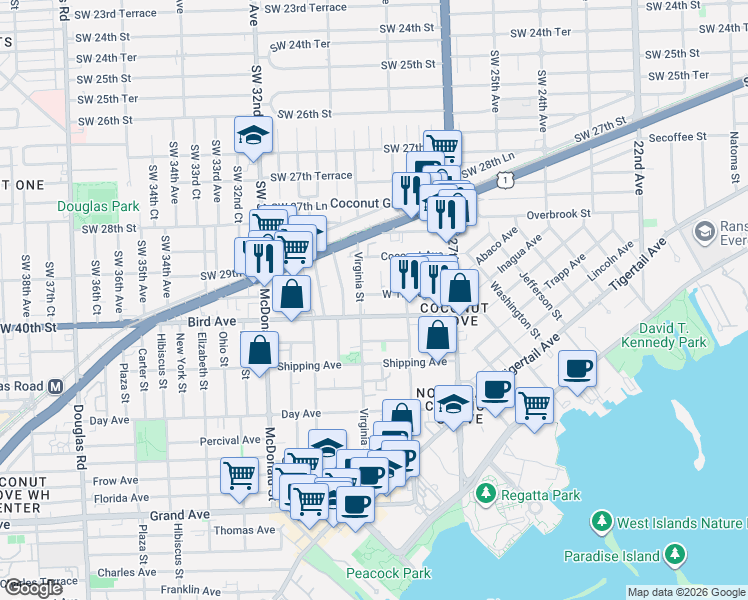map of restaurants, bars, coffee shops, grocery stores, and more near 2969 Bird Avenue in Miami