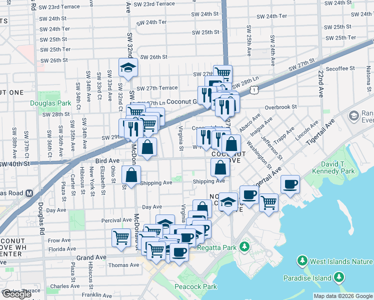 map of restaurants, bars, coffee shops, grocery stores, and more near 2969 Bird Avenue in Miami
