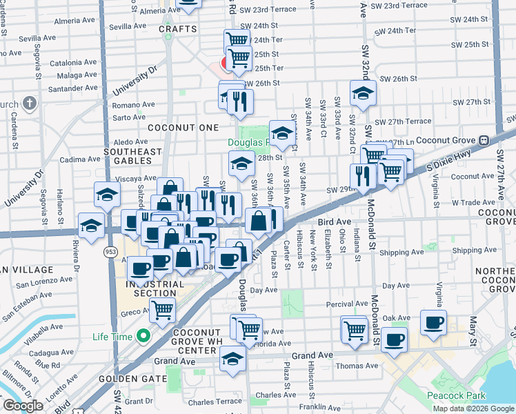map of restaurants, bars, coffee shops, grocery stores, and more near 2977 Southwest 36th Court in Miami