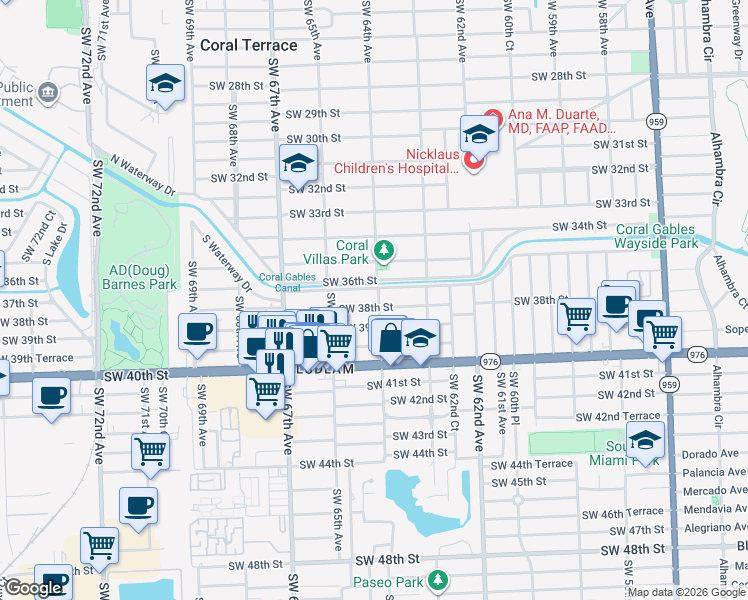 map of restaurants, bars, coffee shops, grocery stores, and more near 6424 Southwest 38th Street in Miami