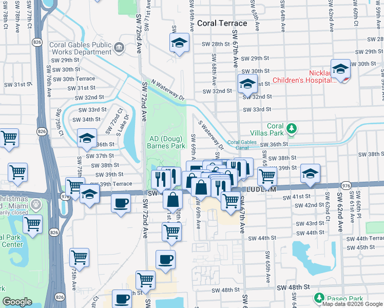map of restaurants, bars, coffee shops, grocery stores, and more near 3820 Southwest 69th Avenue in Miami