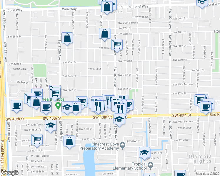 map of restaurants, bars, coffee shops, grocery stores, and more near 10732 Southwest 36th Street in Miami