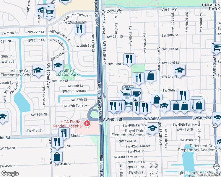 map of restaurants, bars, coffee shops, grocery stores, and more near 360 Southwest 116th Place in Miami