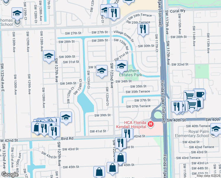 map of restaurants, bars, coffee shops, grocery stores, and more near 3541 Southwest 122nd Court in Miami