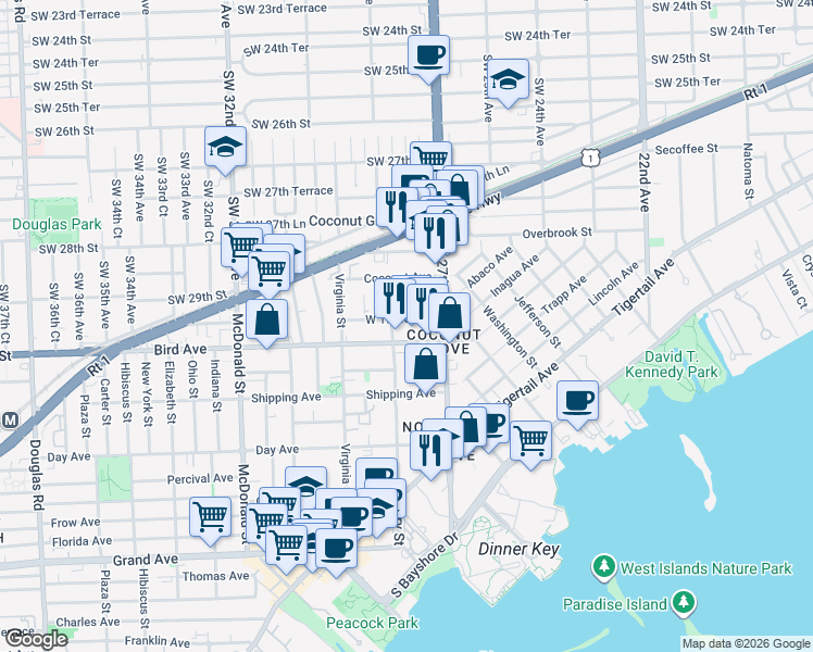 map of restaurants, bars, coffee shops, grocery stores, and more near 2859 Bird Avenue in Miami