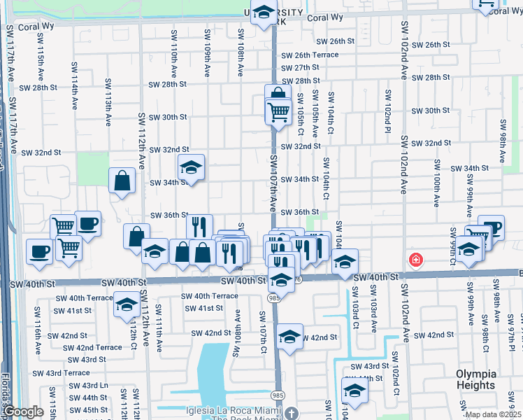 map of restaurants, bars, coffee shops, grocery stores, and more near 10732 Southwest 36th Street in Miami