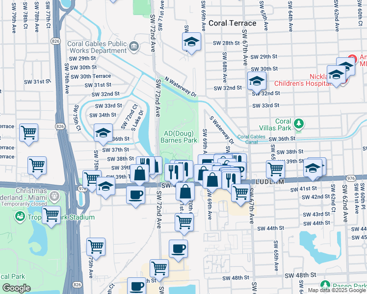 map of restaurants, bars, coffee shops, grocery stores, and more near 3401 Southwest 72nd Avenue in Miami