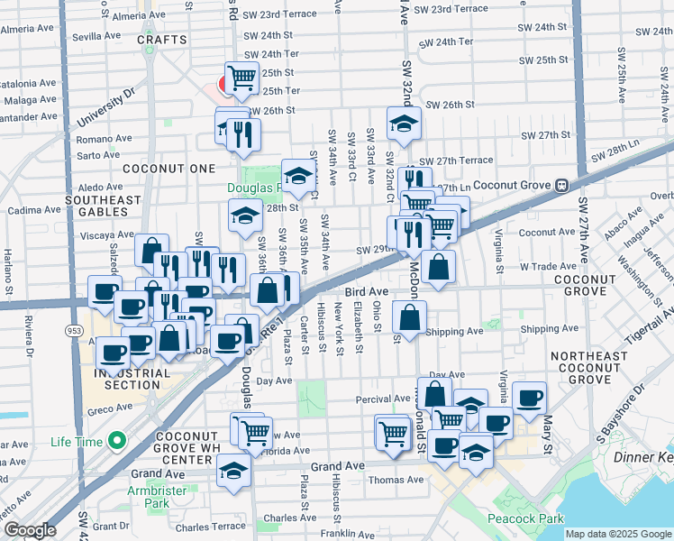 map of restaurants, bars, coffee shops, grocery stores, and more near 349 M-Path in Miami