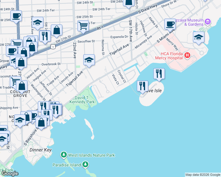 map of restaurants, bars, coffee shops, grocery stores, and more near 2000 South Bayshore Drive in Miami