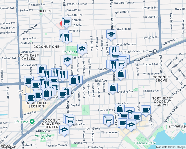 map of restaurants, bars, coffee shops, grocery stores, and more near 349 M-Path in Miami