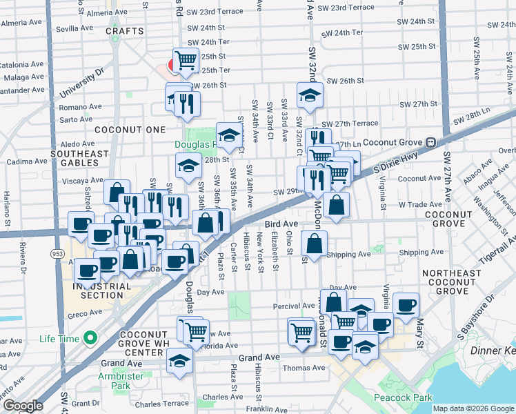 map of restaurants, bars, coffee shops, grocery stores, and more near 349 M-Path in Miami