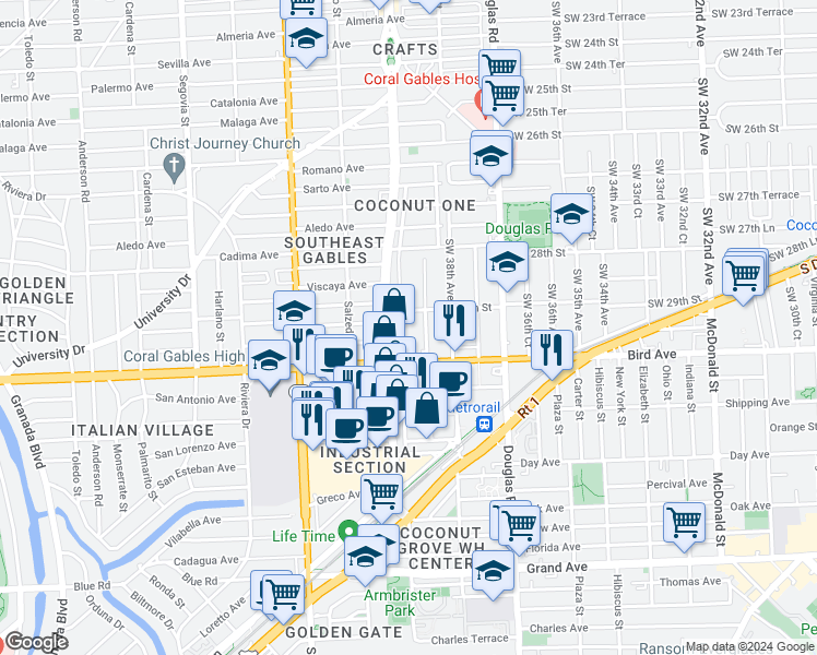 map of restaurants, bars, coffee shops, grocery stores, and more near 2970 Southwest 38th Court in Miami
